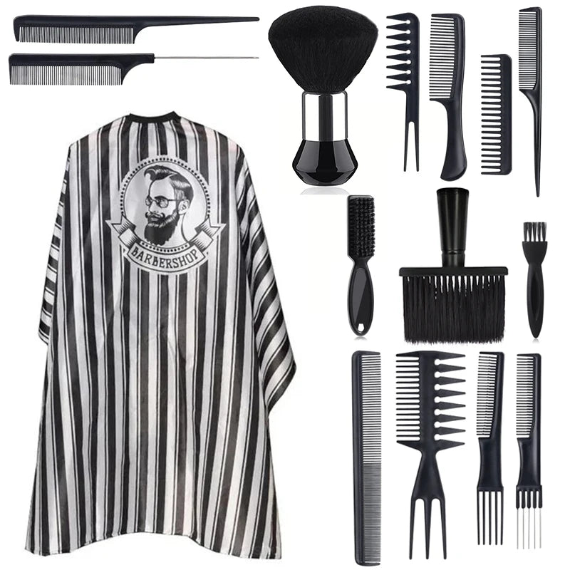 11pcs/15pcs Salon Barber Cloak Set Barber Stylist Cloak with Adjustable Buckle Neck Dust Removal Brush and Comb Barber Shop Tool