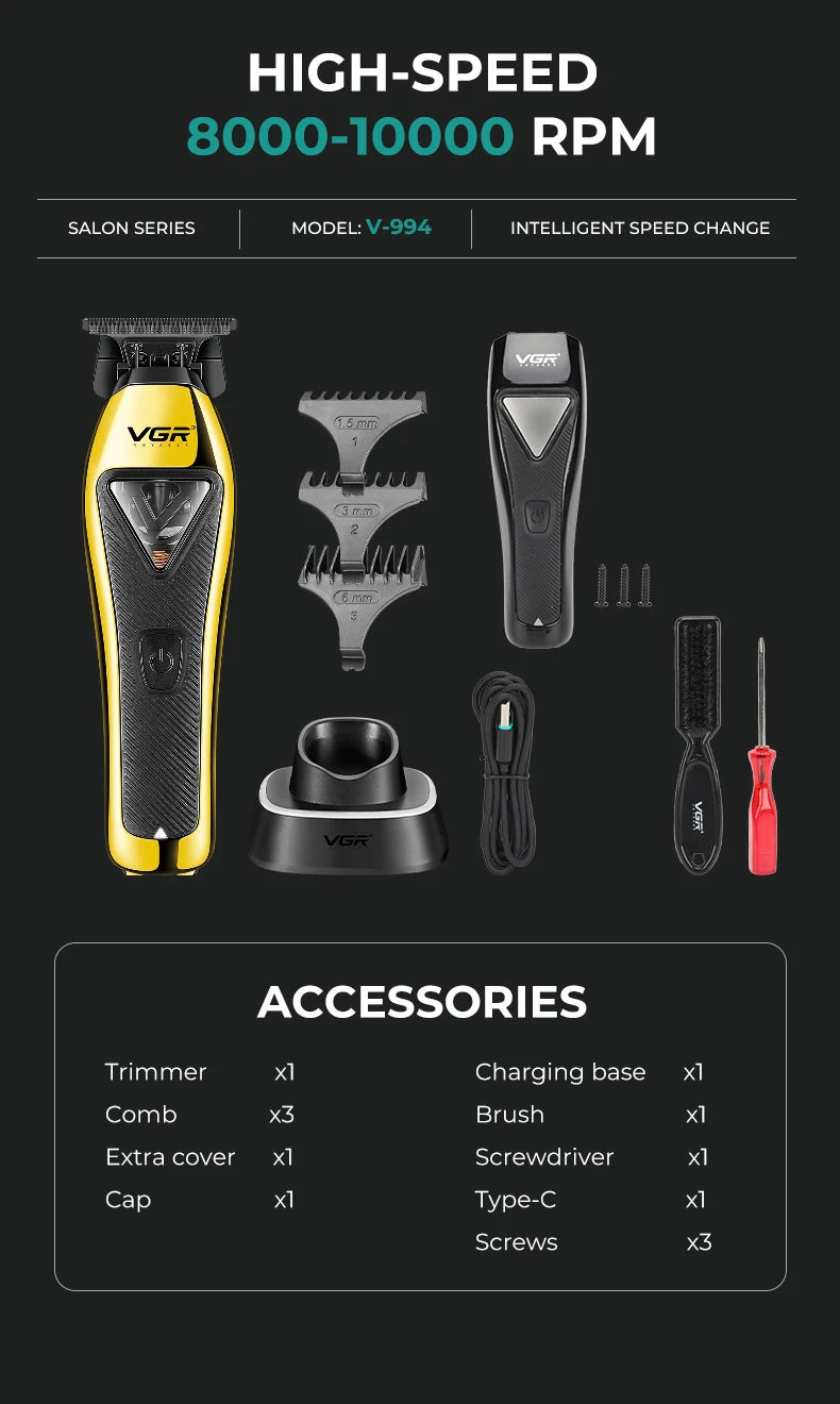 VGR Hair Trimmer Professional Barber Clippers 10000 RPM Hair Cutting Machine Vector Motor Trimmers Haircut Trimmer for Men V-994
