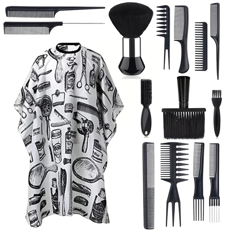 11pcs/15pcs Salon Barber Cloak Set Barber Stylist Cloak with Adjustable Buckle Neck Dust Removal Brush and Comb Barber Shop Tool