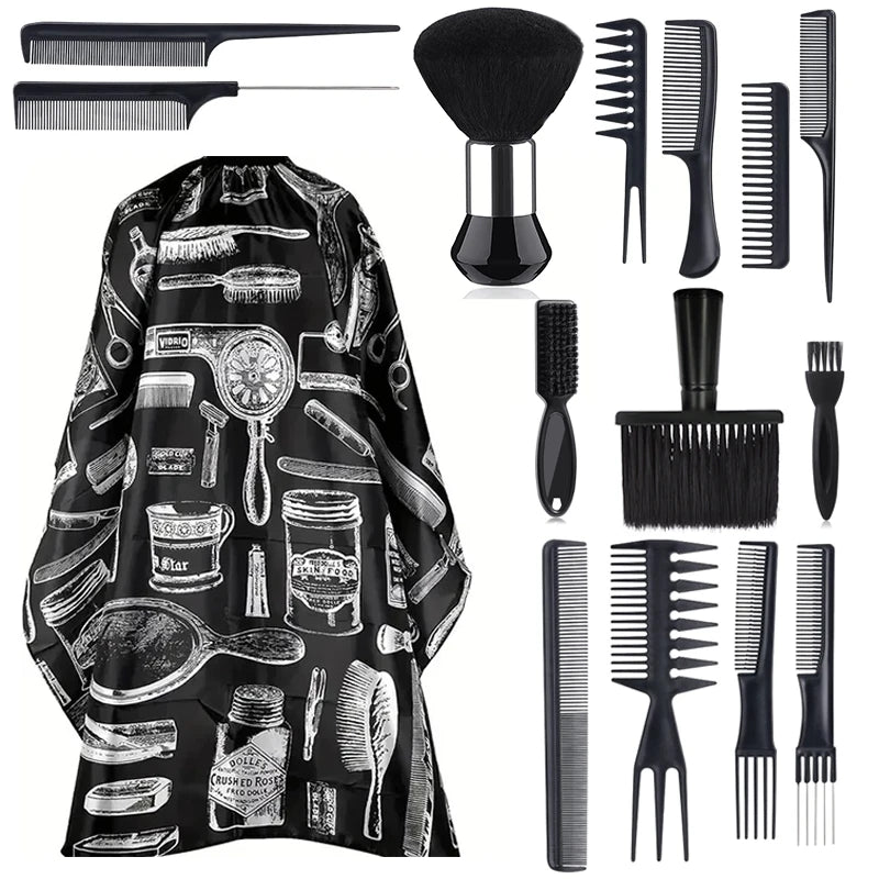 11pcs/15pcs Salon Barber Cloak Set Barber Stylist Cloak with Adjustable Buckle Neck Dust Removal Brush and Comb Barber Shop Tool