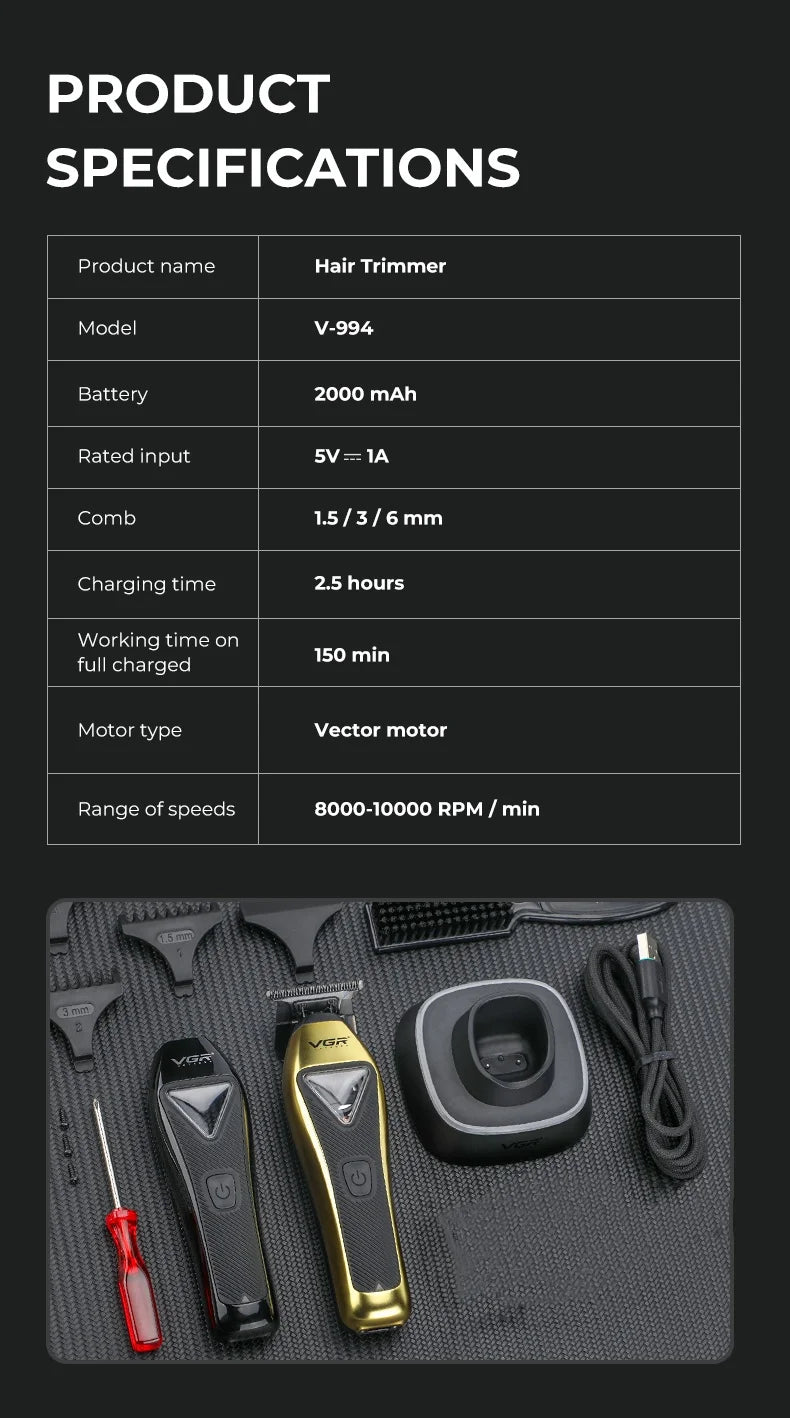 VGR Hair Trimmer Professional Barber Clippers 10000 RPM Hair Cutting Machine Vector Motor Trimmers Haircut Trimmer for Men V-994