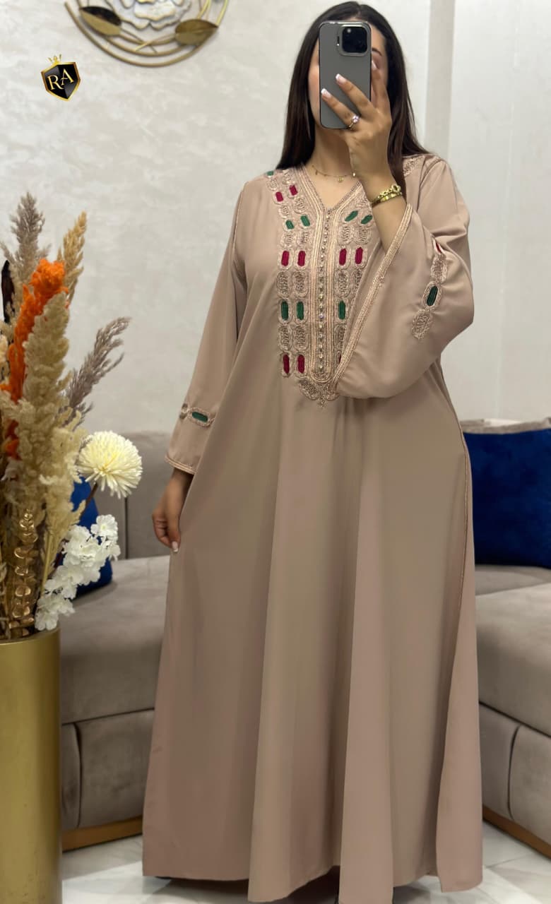 Moroccan Embroidered Jalabiya – Elegant Crepe Maxi Dress